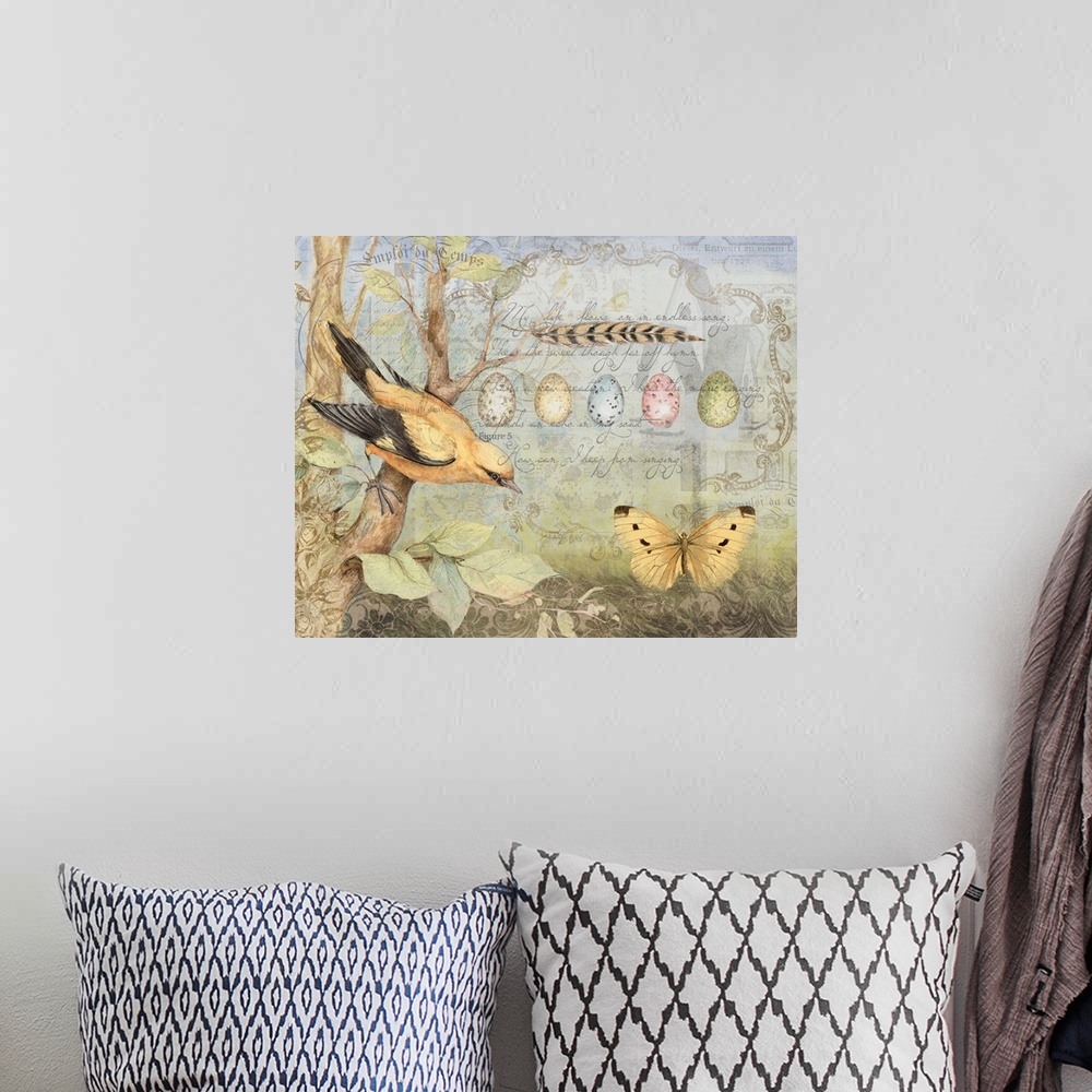 A bohemian room featuring Elegant bird montage that is a beautiful nature accent for any decor.