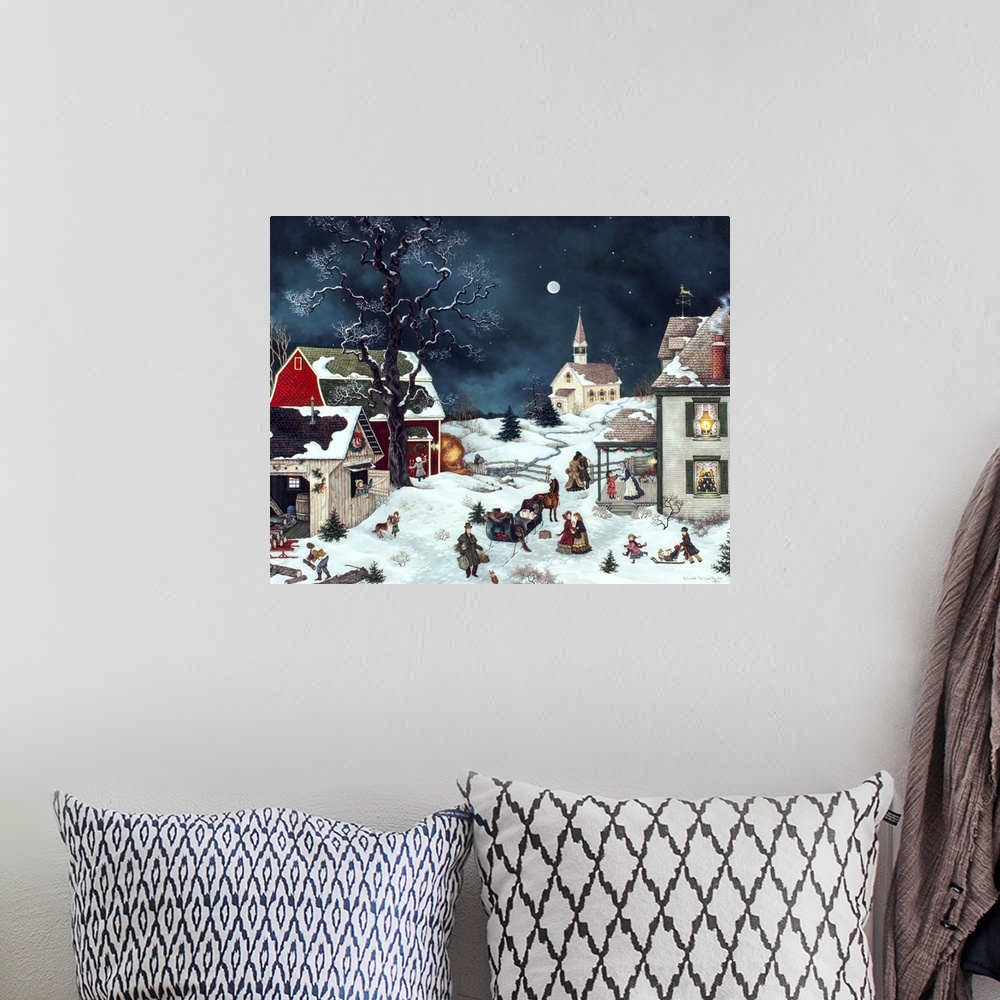 A bohemian room featuring A contemporary painting of a countryside village scene at Christmas.