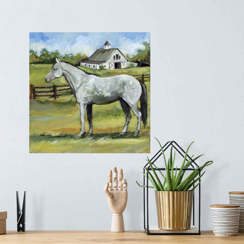 A bohemian room featuring A richly depicted horse farm features this stunning Hanovarian