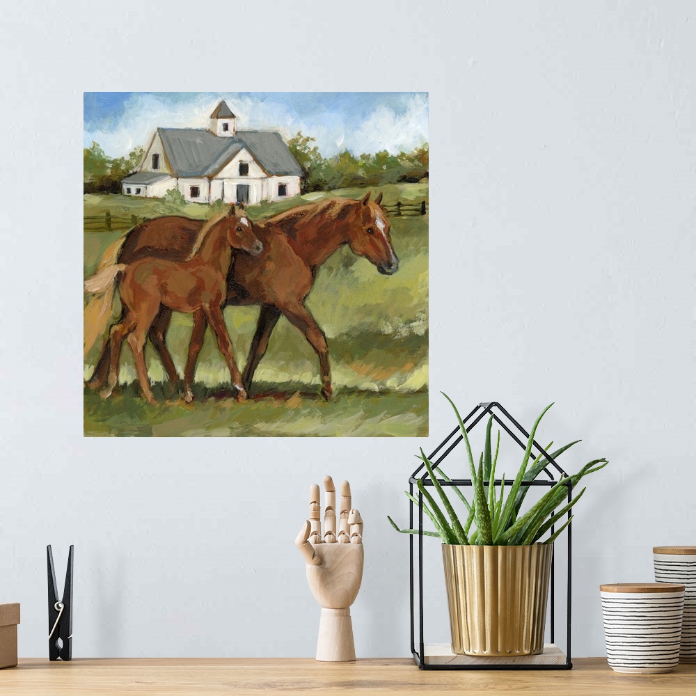 A bohemian room featuring A richly depicted horse farm features the gentle interaction between mare and her foal