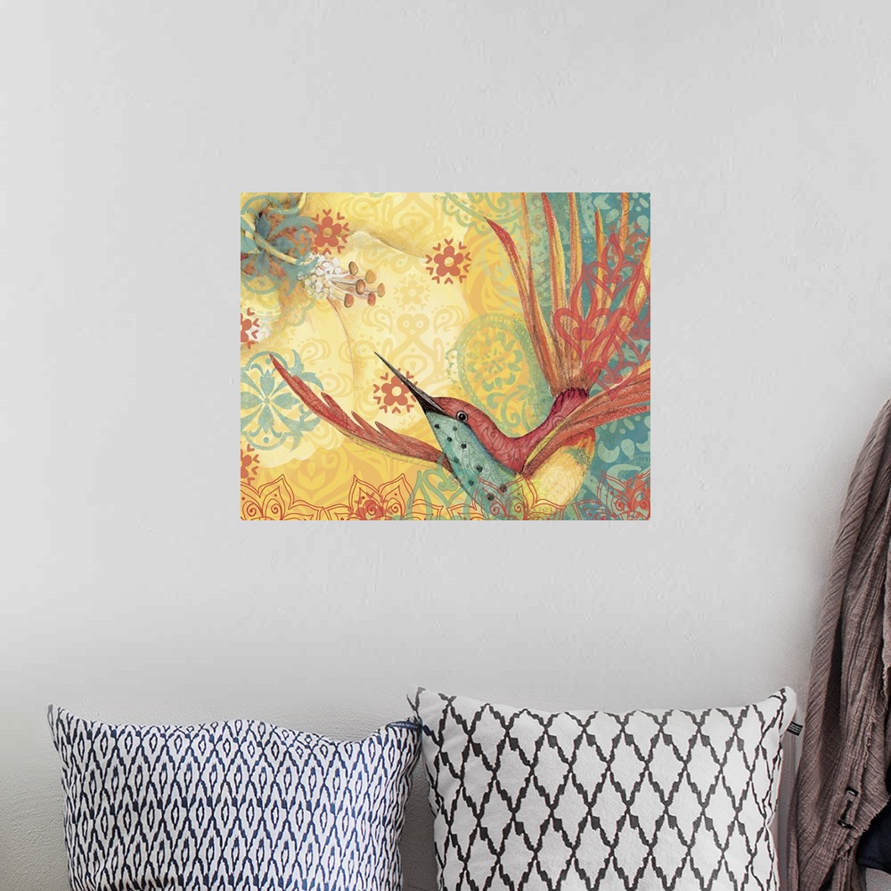 A bohemian room featuring The delicate hummingbird gets star treatment in this piece of art.