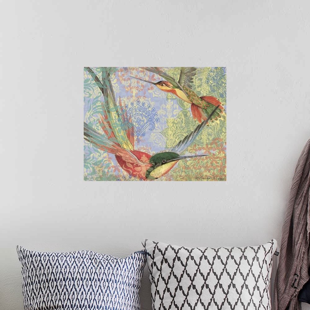 A bohemian room featuring Stunning hummingbird with intricate detail, pattern and color