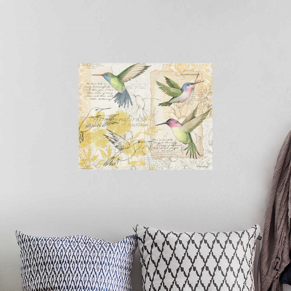 A bohemian room featuring Botanical study of hummingbirds adds elegant, nature-inspired touch to any room.