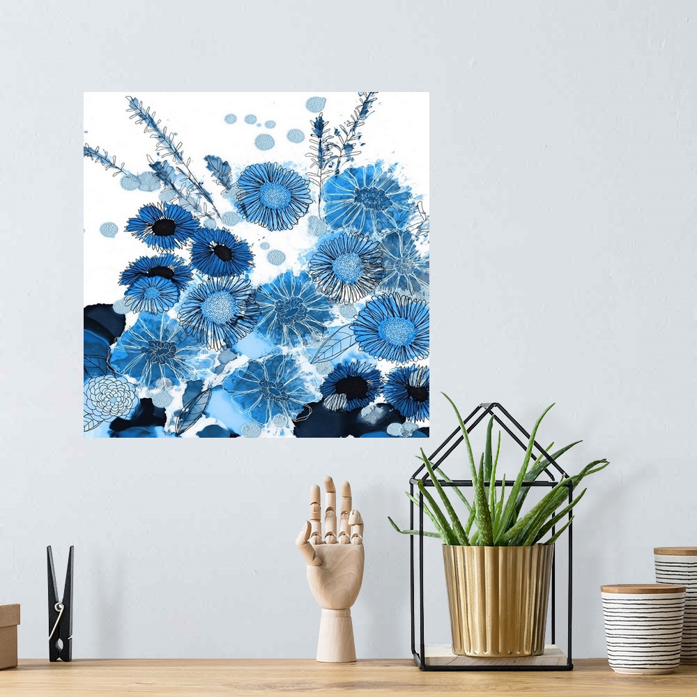 A bohemian room featuring The loose style of alcohol inks makes this blue floral image an impact statement.
