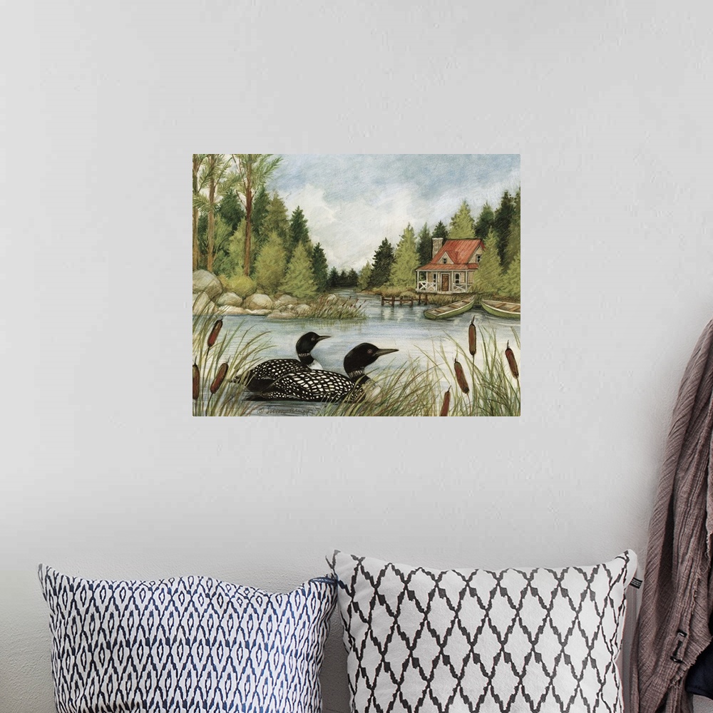 A bohemian room featuring Lovely lake scene evokes a quite time with nature.
