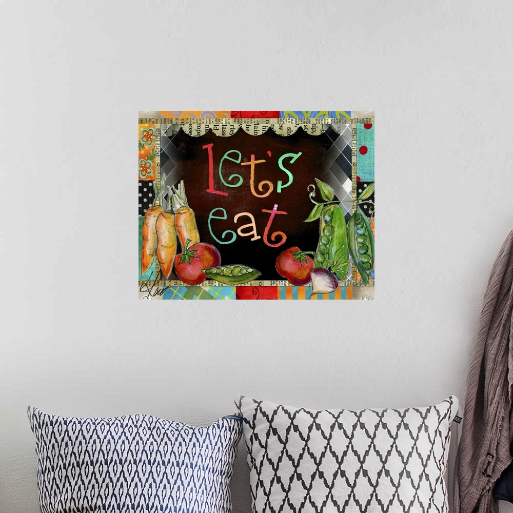 A bohemian room featuring A playful prodding for the kitchen wall!