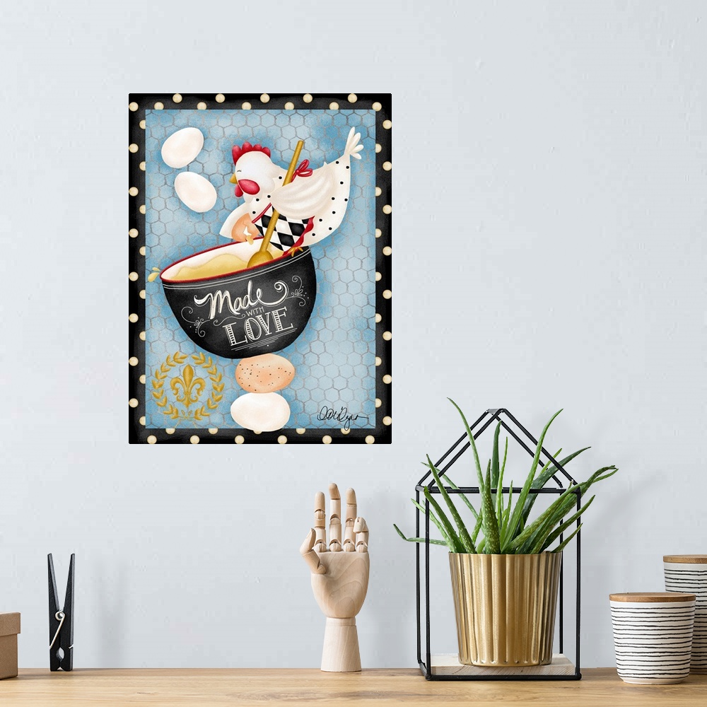 A bohemian room featuring Whimsical hen with Made with Love message charming kitchen art.