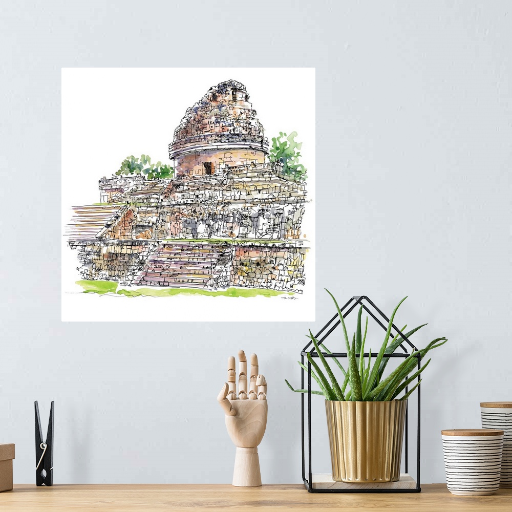 A bohemian room featuring A lovely pen and ink depiction of ancient Mayan ruins