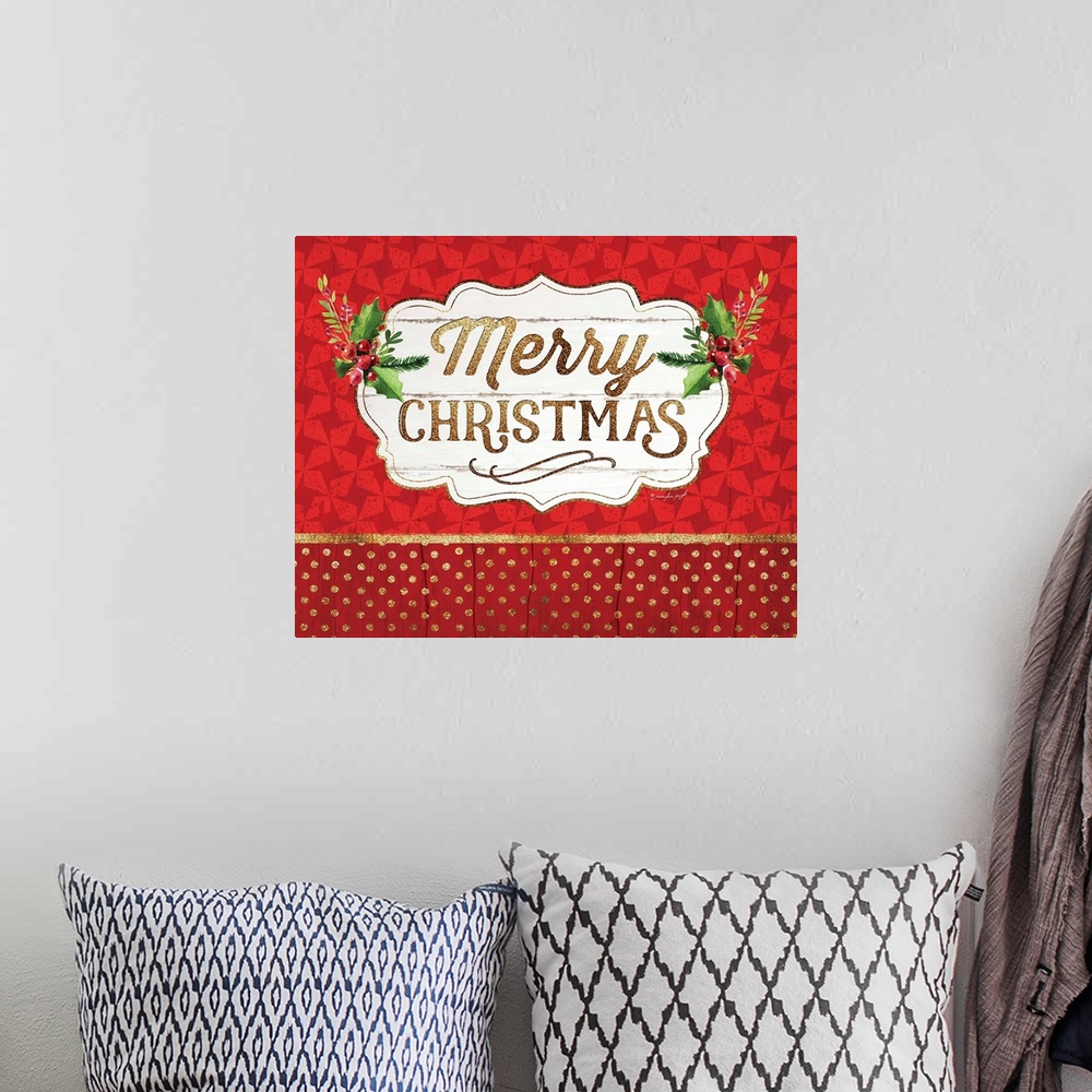 A bohemian room featuring "Holiday Cheer" in gold glitter text is placed on a distressed white sign that is over a patterne...