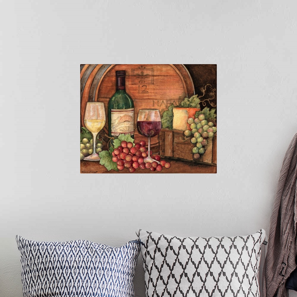 A bohemian room featuring Artwork perfect for the kitchen of wine and grapes beautifully placed in front of a wine barrel.