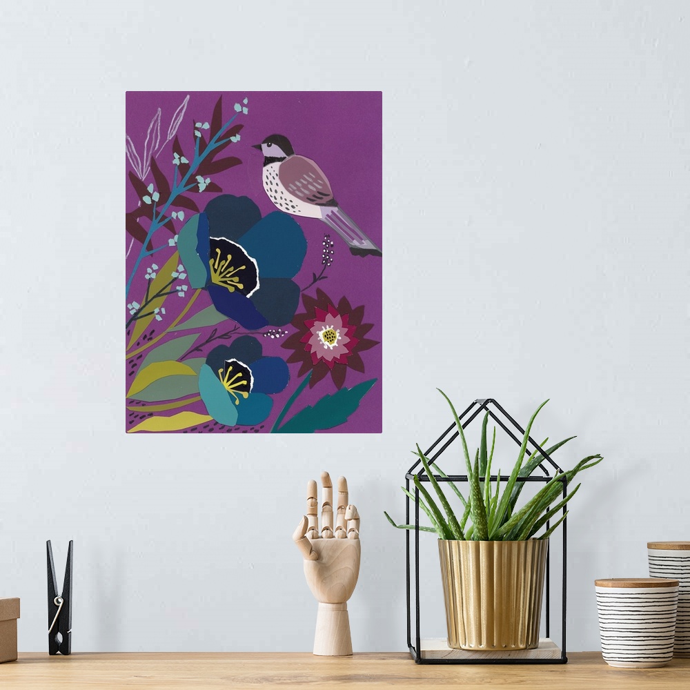 A bohemian room featuring Strikingly clean shapes define this colorful bird image.