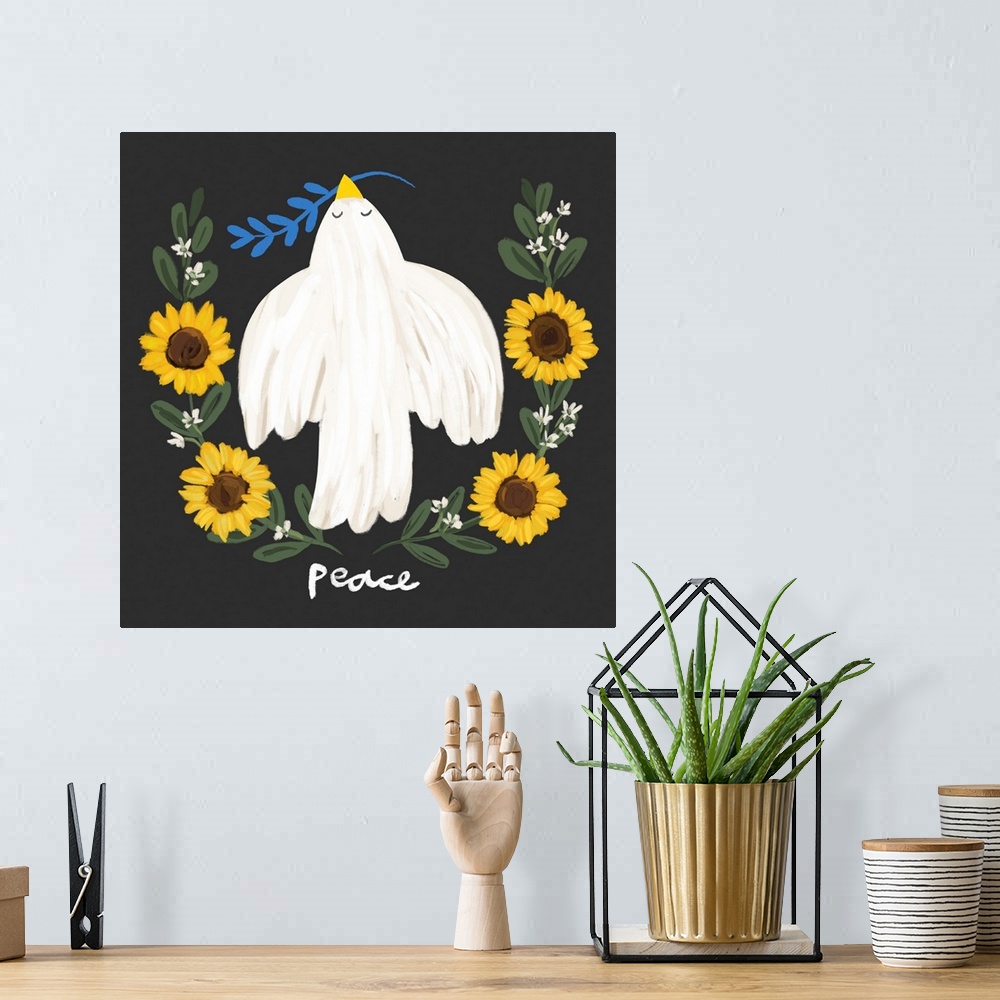 A bohemian room featuring An impactful image of a dove and sunflowersothe common refrain for peace in Ukraine
