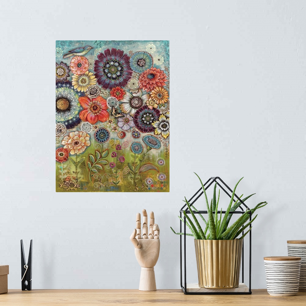 A bohemian room featuring Richly detailed floral collage makes an impactful design statement