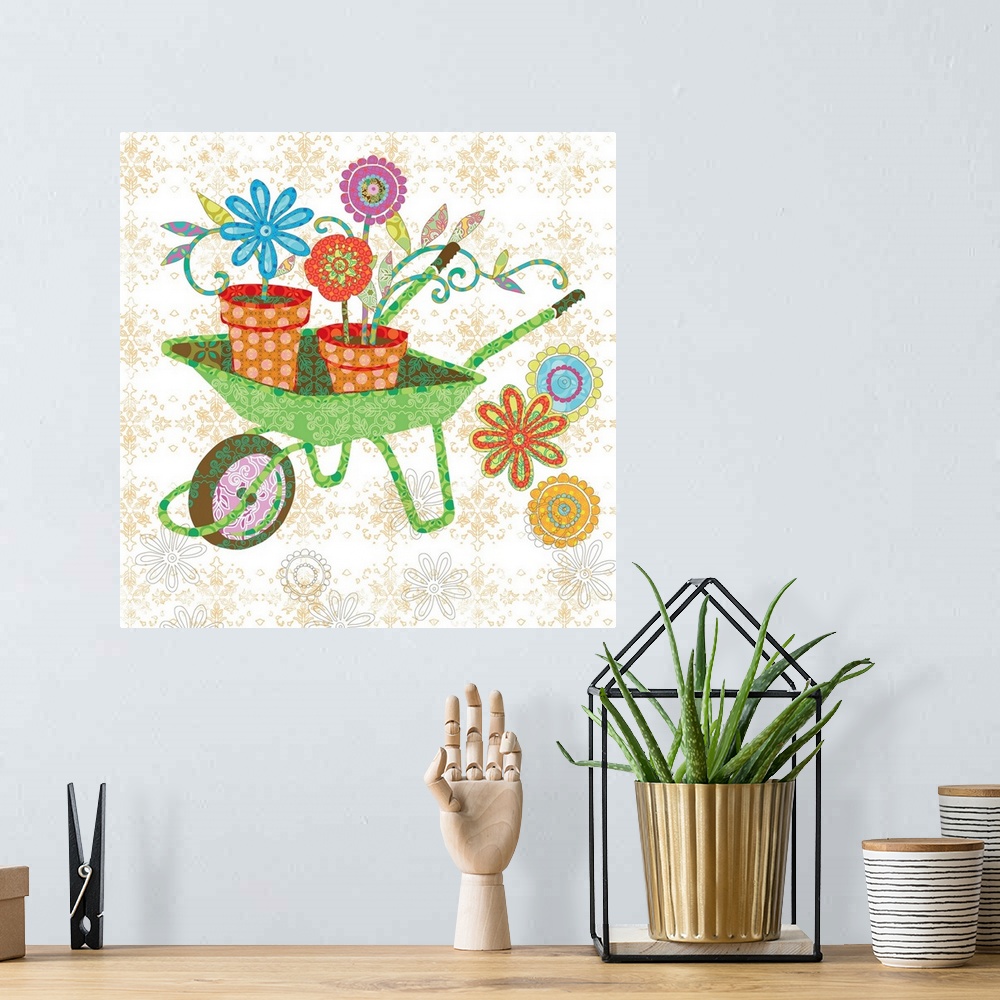 A bohemian room featuring Garden tools bring the outdoors in with this whimsical art!