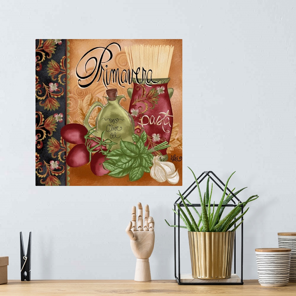 A bohemian room featuring Artwork of an Italian food theme, with a vase of uncooked pasta, a jar of olive oil, tomatoes, ba...