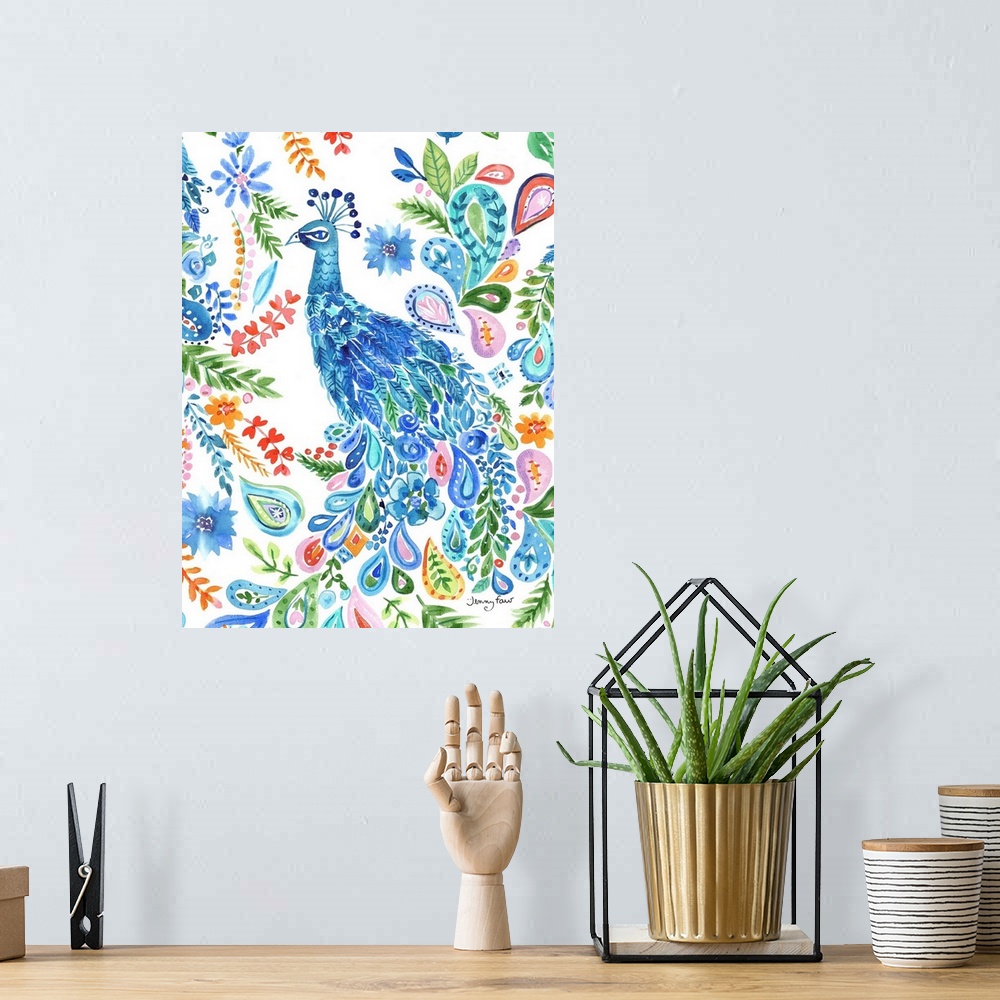 A bohemian room featuring This colorful and elegant peacock will splash to any room.