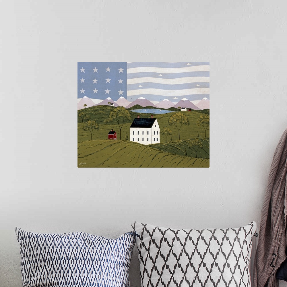 A bohemian room featuring America the Beautiful Purple Mountain Majesty by renowned folk artist Warren Kimble