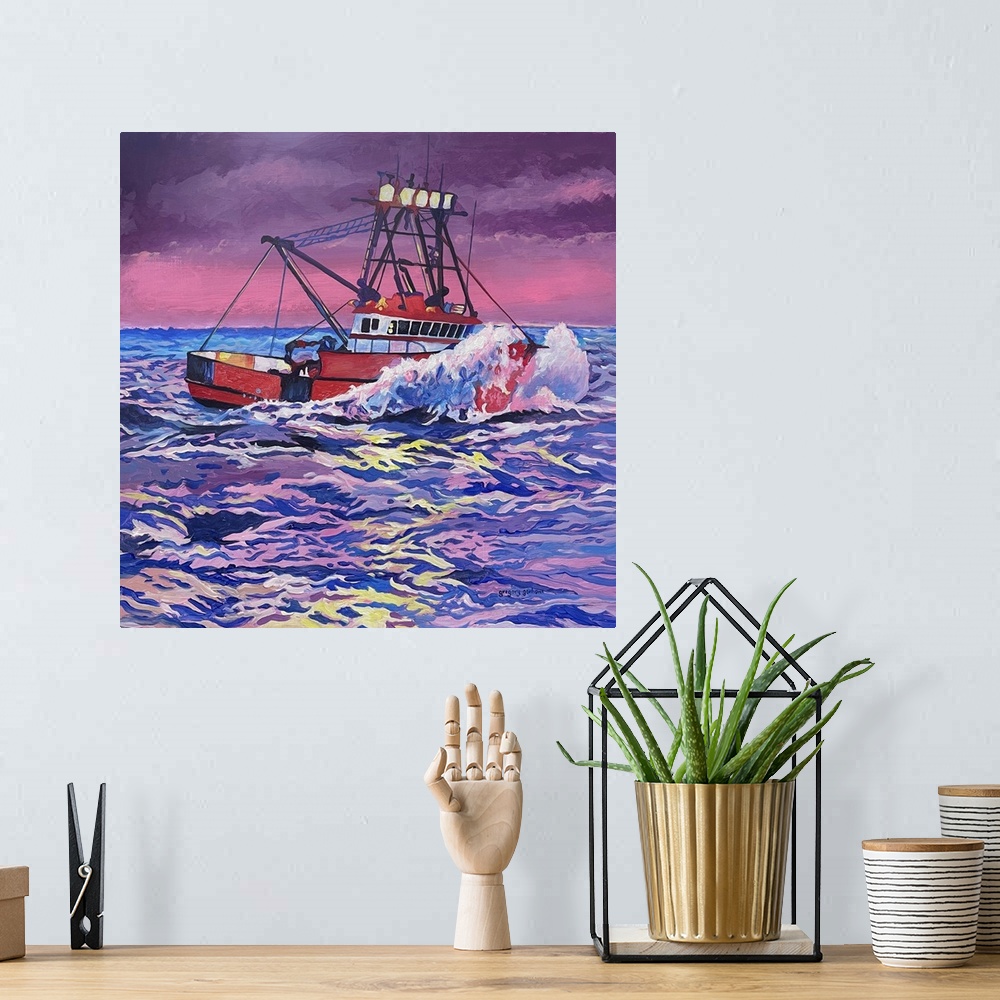 A bohemian room featuring A dynamic boat scene that captures the color and kinetics of the sea