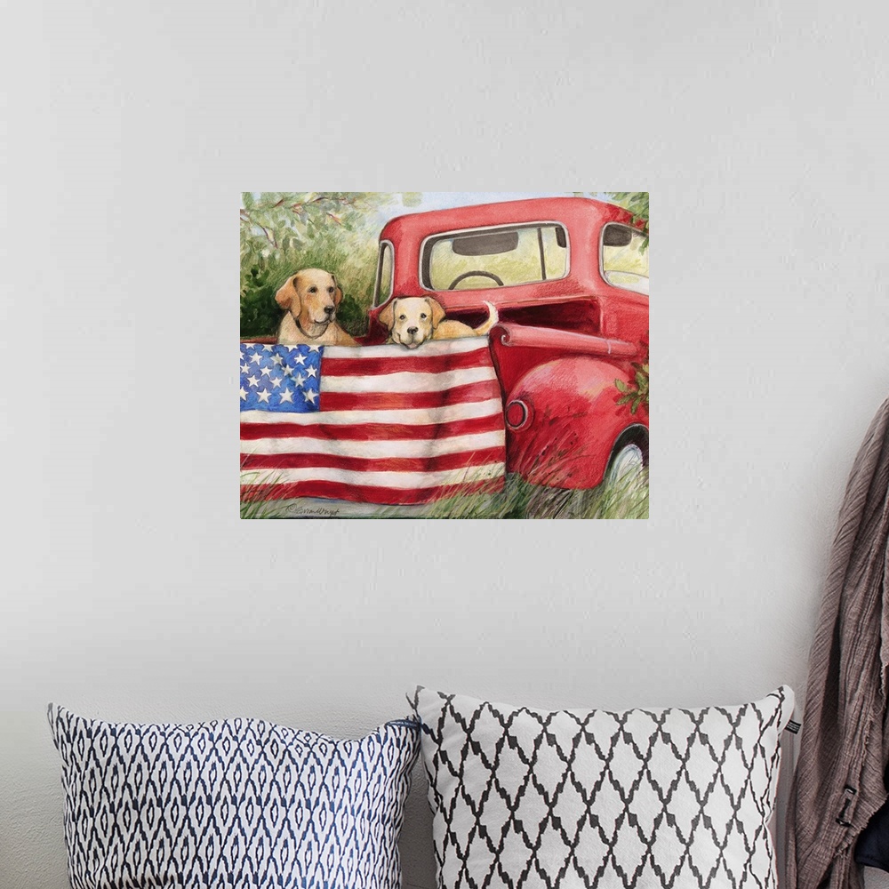 A bohemian room featuring Red trucks and dogs capture the American spirit with this painting in your home.