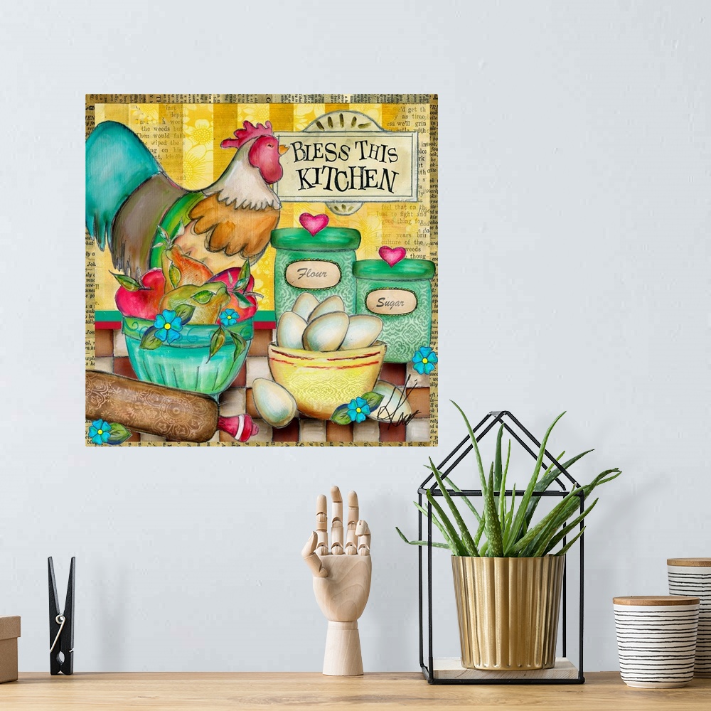 A bohemian room featuring This rooster vignette is perfect for your kitchen deco.