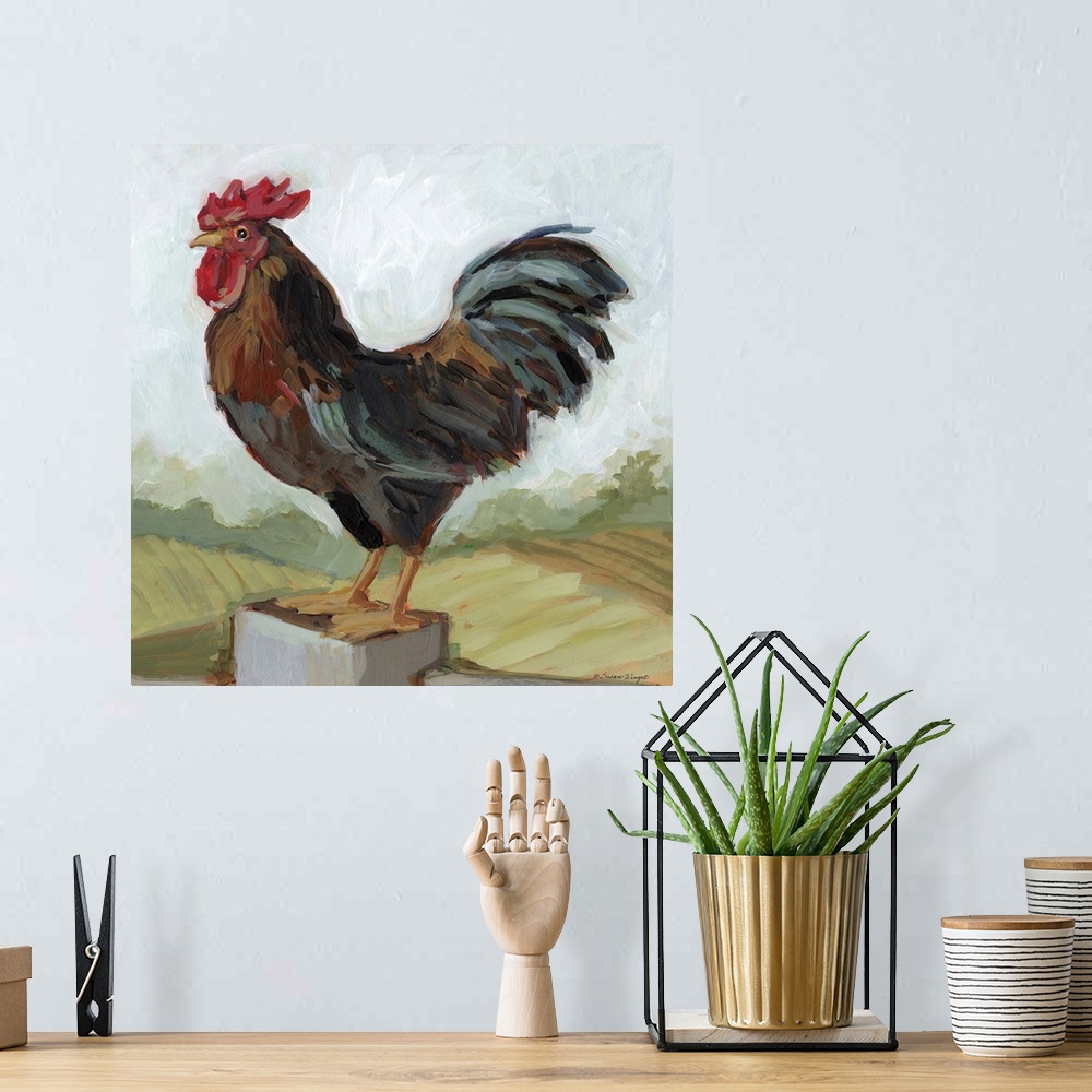 A bohemian room featuring A proud rooster watches froim his fence post!