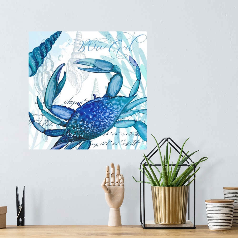 A bohemian room featuring The beauty of ocean life is on display with this blue-toned crab scene.