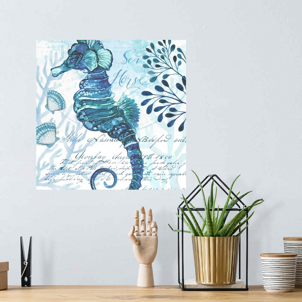 A bohemian room featuring The beauty of ocean life is on display with this blue-toned seahorse scene.