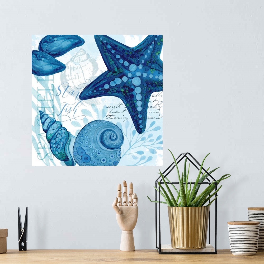 A bohemian room featuring The beauty of ocean life is on display with this blue-toned starfish scene.