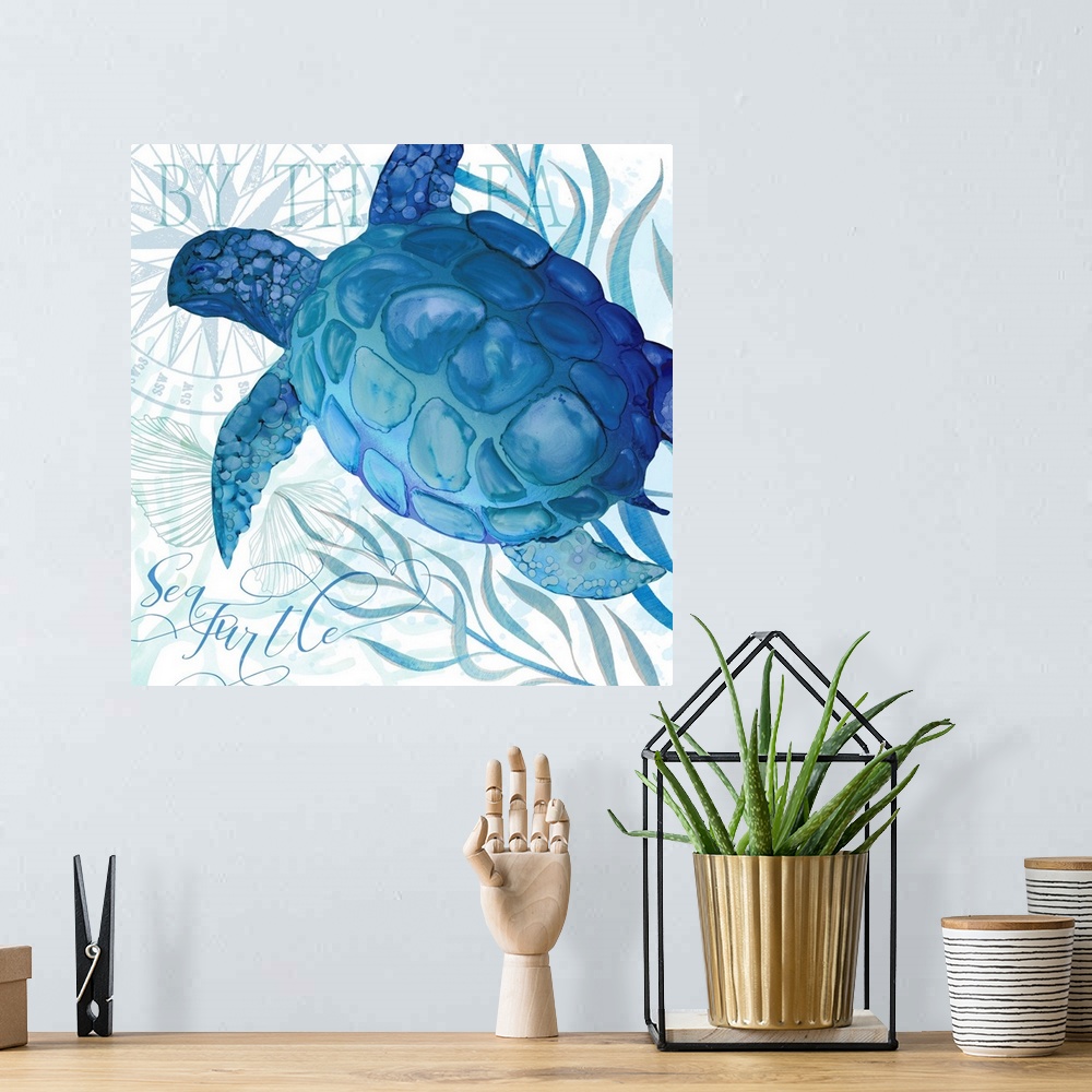 A bohemian room featuring The beauty of ocean life is on display with this blue-toned turtle scene.