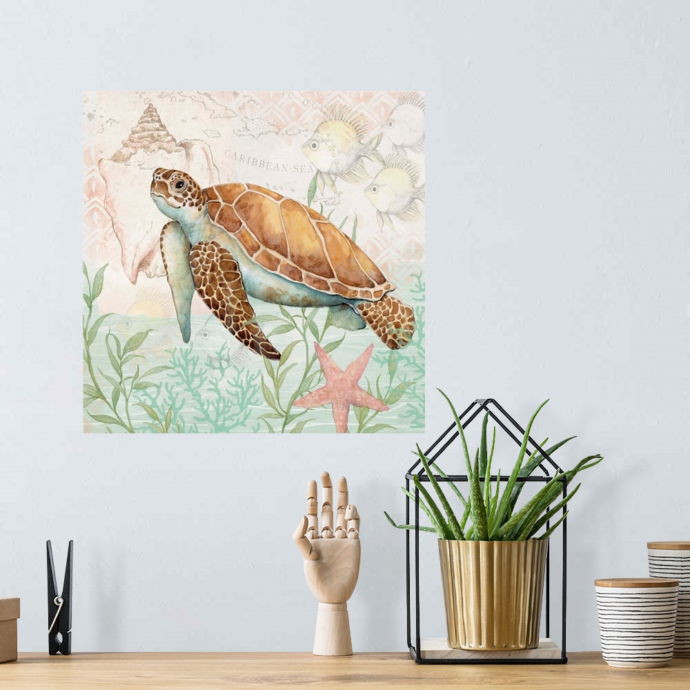 A bohemian room featuring Softly hued scene featuring a striking sea turtle is a subtle and tasteful coastal statement.