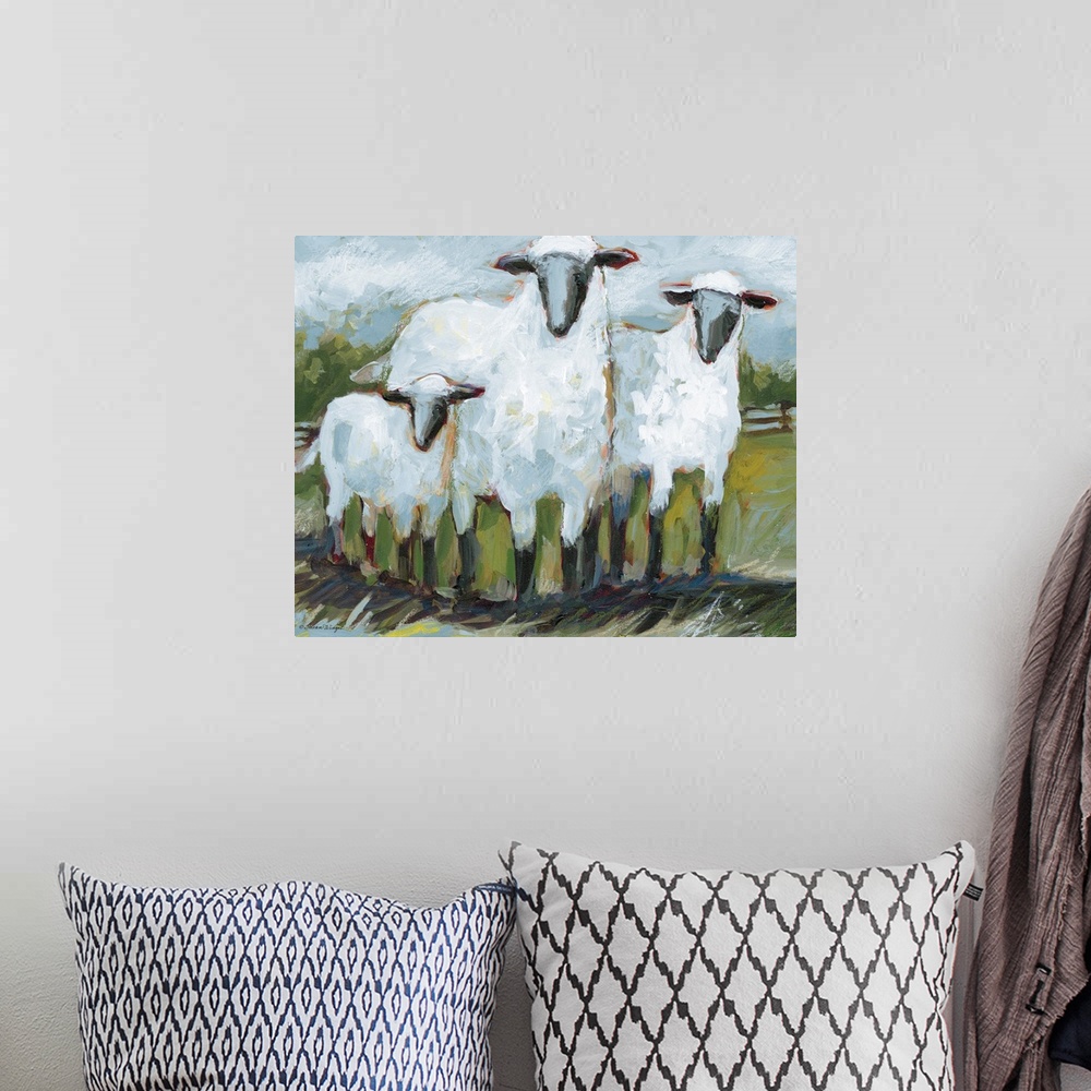 A bohemian room featuring This sheep trio boldly takes center stage in the field.