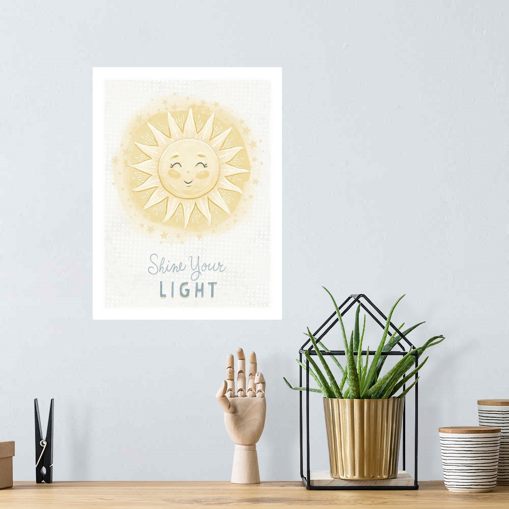 A bohemian room featuring A sweet and softly rendered painting of a smiling sunoperfect for any nursery.