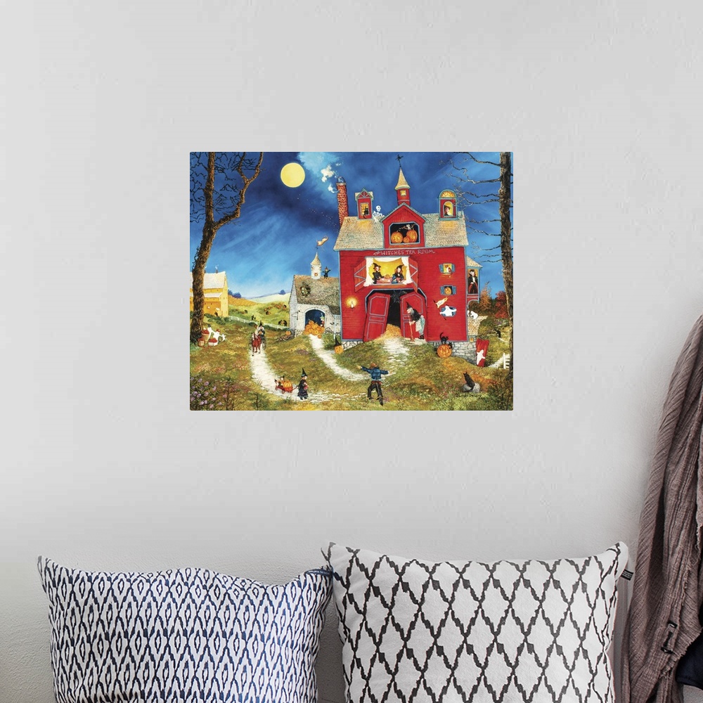 A bohemian room featuring A contemporary painting of a countryside village scene at Halloween.