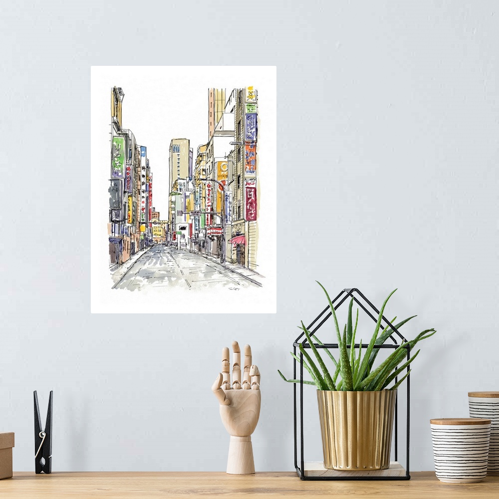 A bohemian room featuring A lovely pen and ink depiction of an urban streete scene.