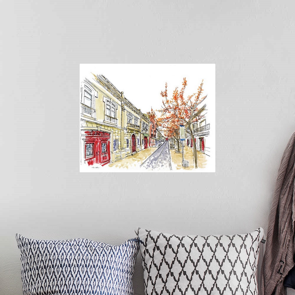 A bohemian room featuring A lovely pen and ink depiction of a European city street