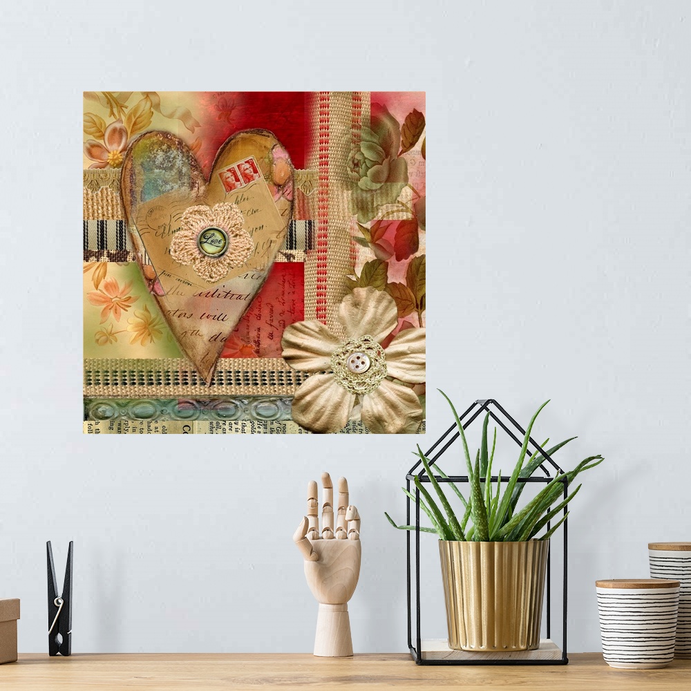 A bohemian room featuring Vintage heart ephemera collage with textural feel, beautiful for any room