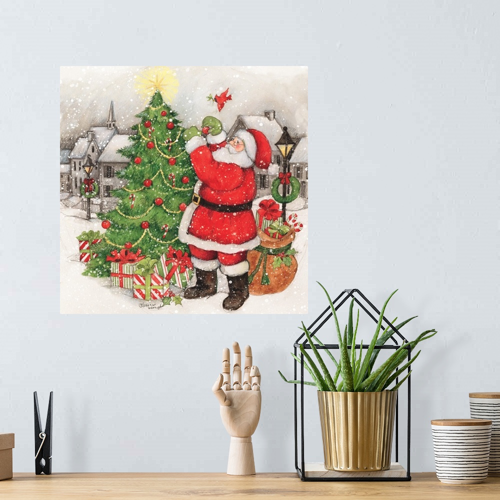 A bohemian room featuring A classic vintage depiction of Santa decorating his tree.