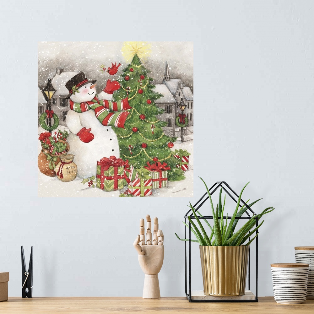 A bohemian room featuring A classic vintage depiction of Snowman decorating his tree.