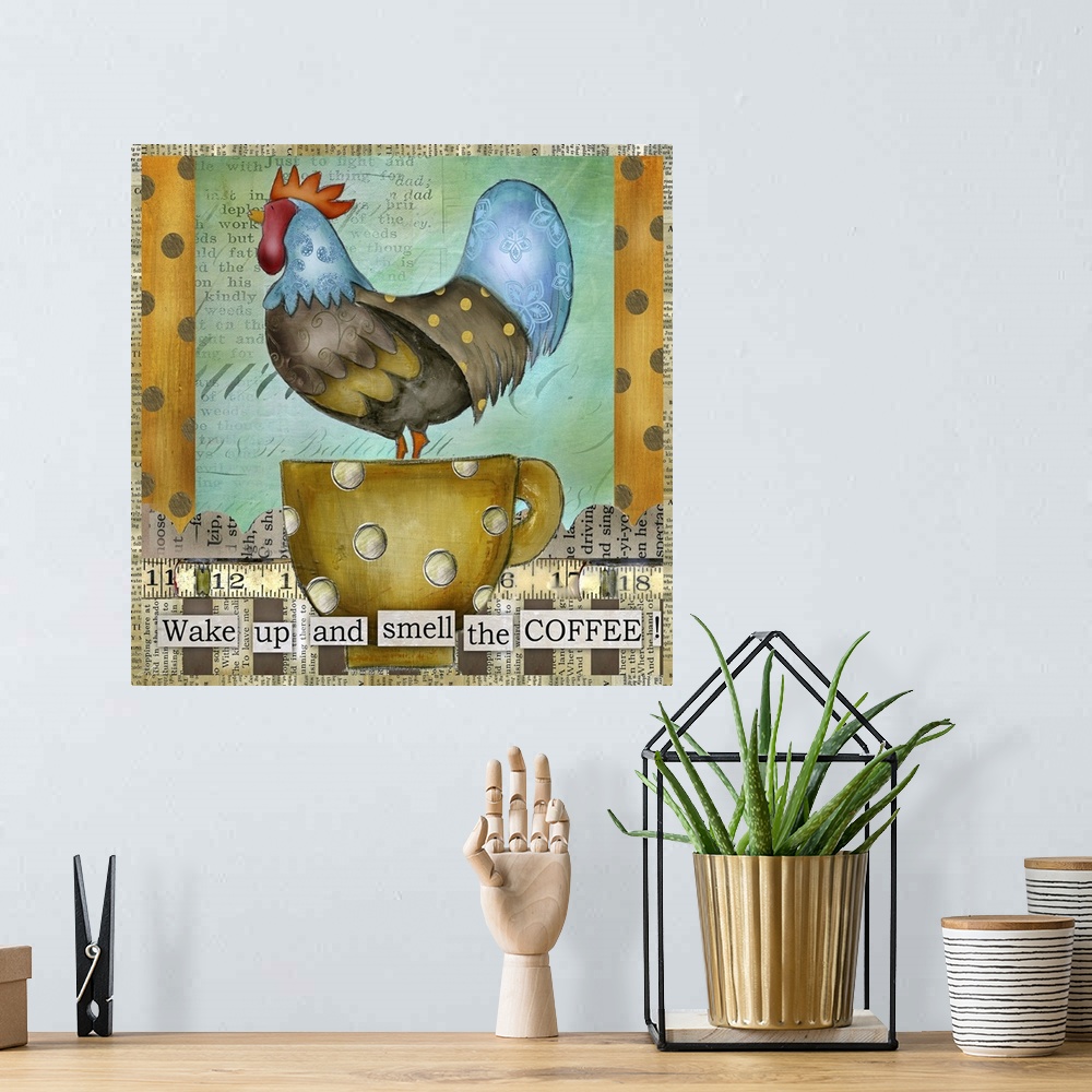 A bohemian room featuring Large landscape home art docor of a colorful rooster with patterns in its feathers, standing in a...