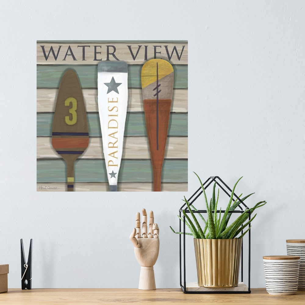 A bohemian room featuring Boat oars are a decorative array for the wall.