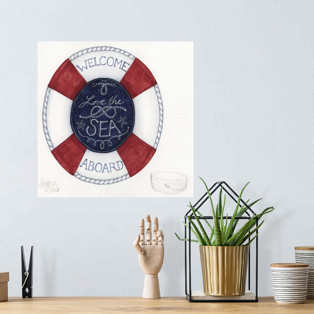 A bohemian room featuring Welcome family and friends aboard with this nautical motif.