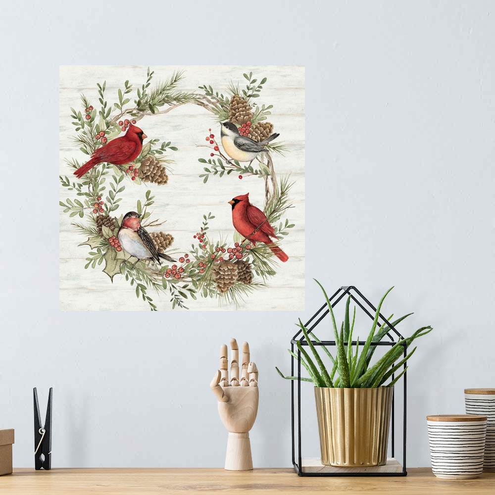 A bohemian room featuring Winter birds adorn this rustic wreathaeperfect for all winter!