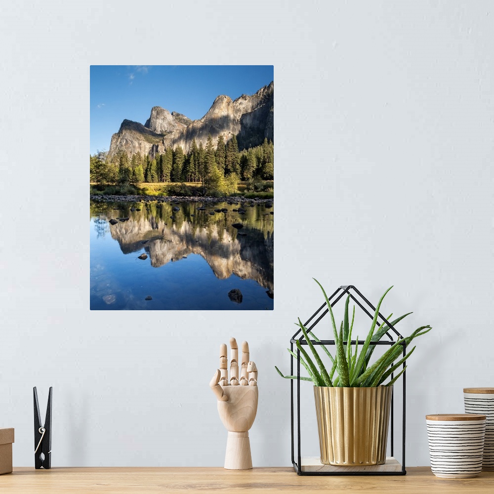 A bohemian room featuring USA, California, Yosemite National Park, Cathedral Rocks and Bridalveil Fall reflected in the Mer...
