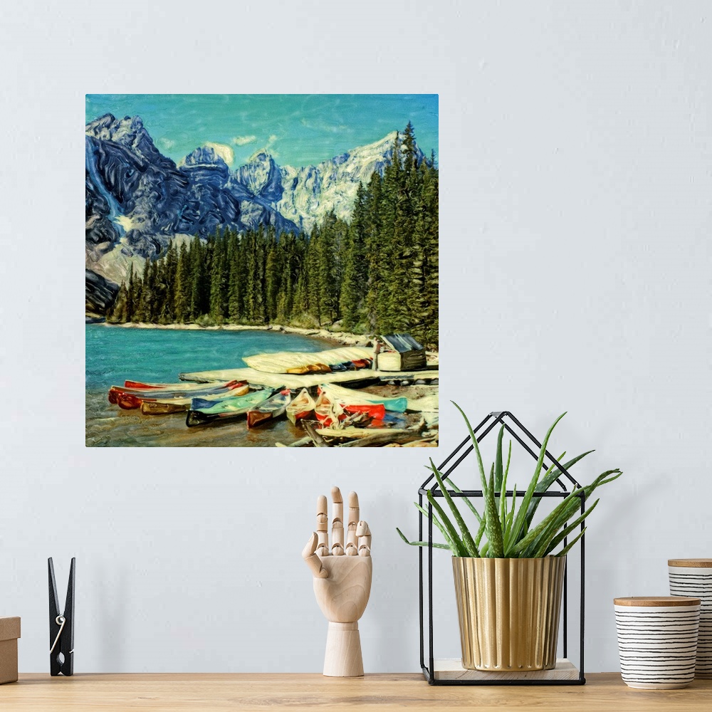 A bohemian room featuring North America, Canada, Banff National Park, Moraine Lake. Canoes along Moraine Lake.  Polaroid SX...