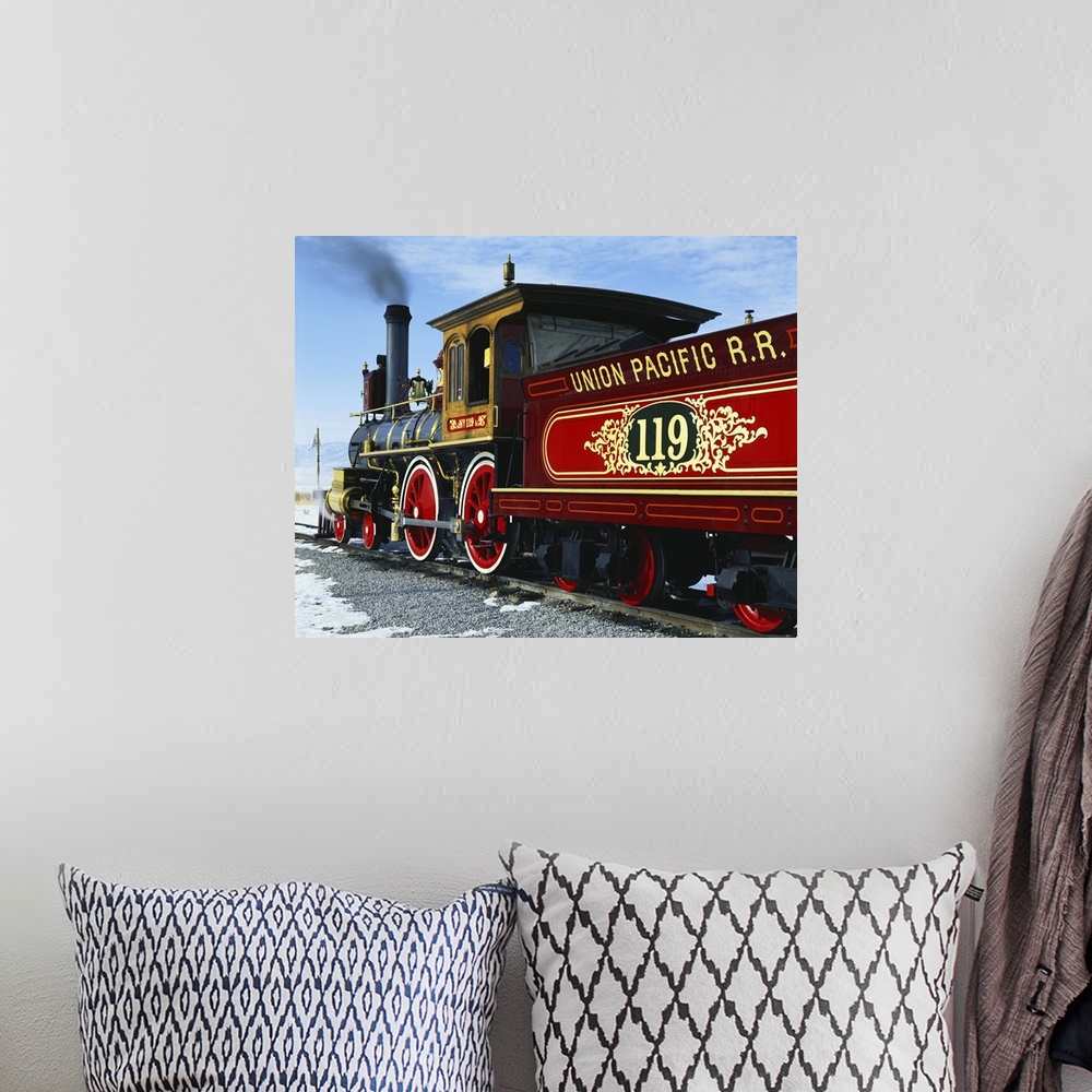 A bohemian room featuring Utah, Promontory Summit, Great Basin, old fashioned steam train at Golden spike national historic...