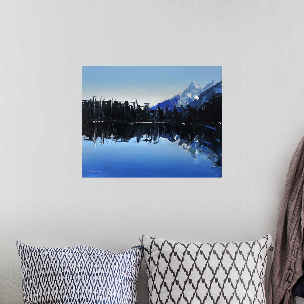 A bohemian room featuring Contemporary palette knife painting of trees surrounding Lake Marion with mountains in the backgr...