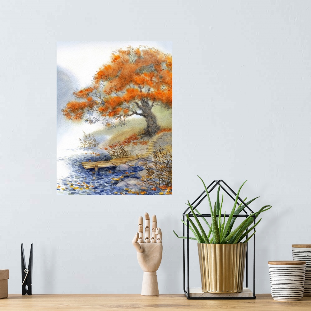 A bohemian room featuring Originally a watercolor landscape. The path to a quiet lake in the mist by the old tree.