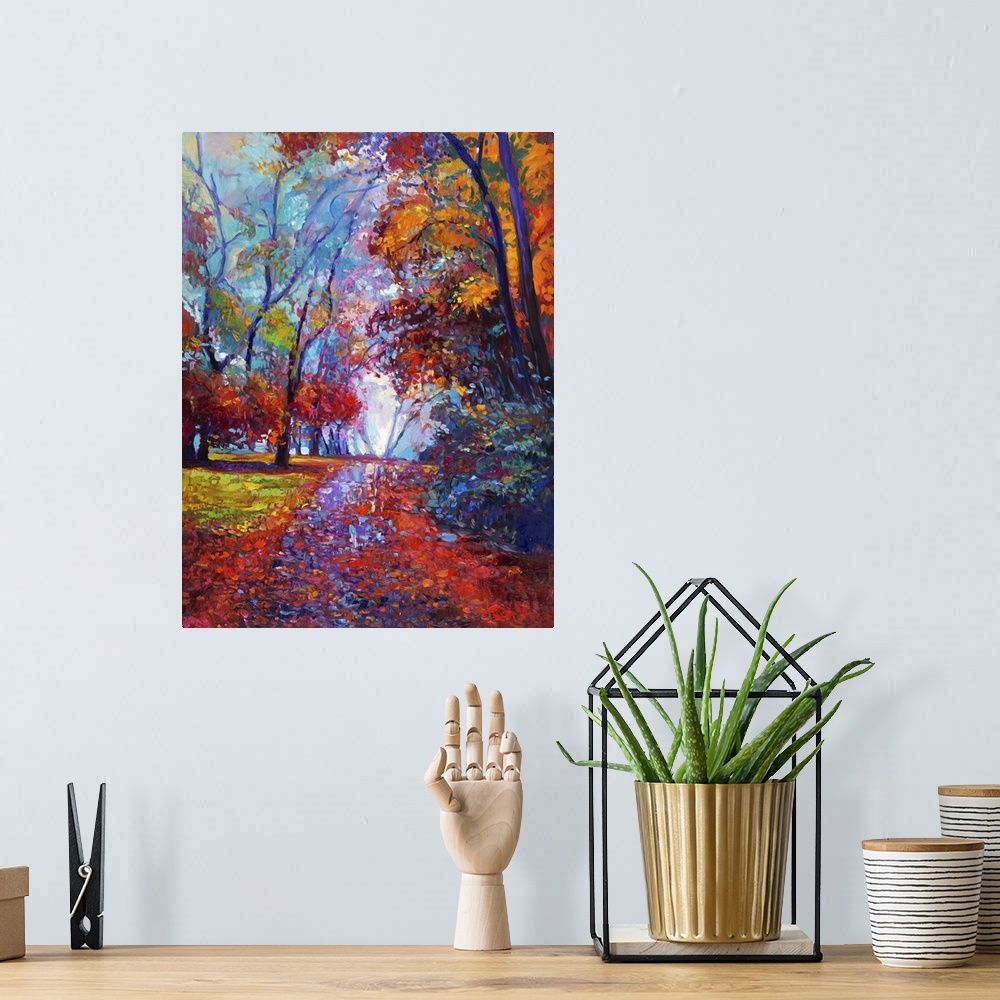 A bohemian room featuring Originally an oil painting showing beautiful autumn forest on canvas. Modern impressionism.