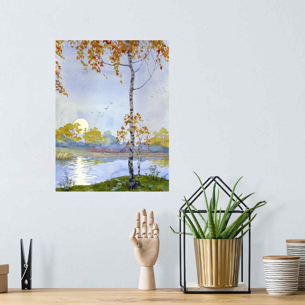 A bohemian room featuring Watercolor landscape of an Autumn birch meeting the rising moon over the lake.