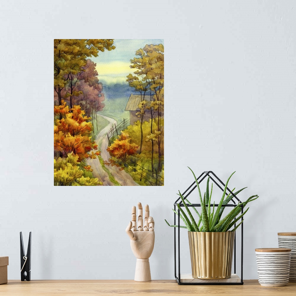 A bohemian room featuring Watercolor landscape of a countryside view of a dirt road near an autumnal forest.
